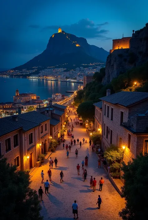 Old city at night.city has lot of hotels and restaurants and lot of lights.people walking on roads and some people getting their dinner at restaurants some people hiking a mountain the mountain has lot of lights