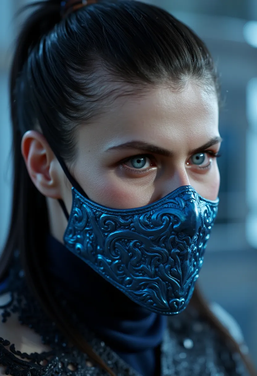 Here is the prompt adjusted to focus **only on the face** like ****, with a shiny metal mask and details blue, in a hyper realistic setting:  

---  
**"Close-up hiper-realista do rosto like , the warrior of * mortal kombat*.  She has a calm expression , b...