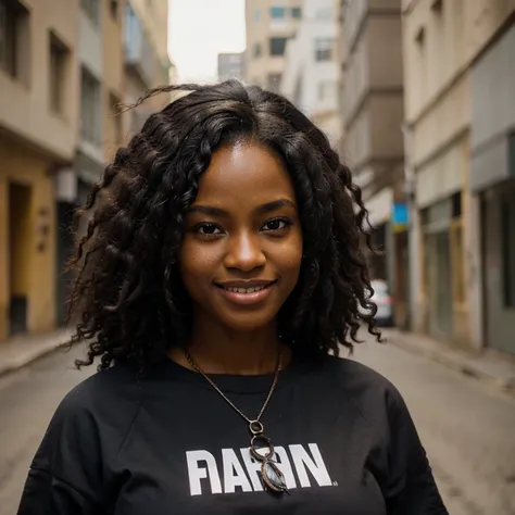 African black woman, very dark ebony skin, long kinky frizzy hair, Fitness musclular body, smile, street wear , close-up portrait, street Block , from face 