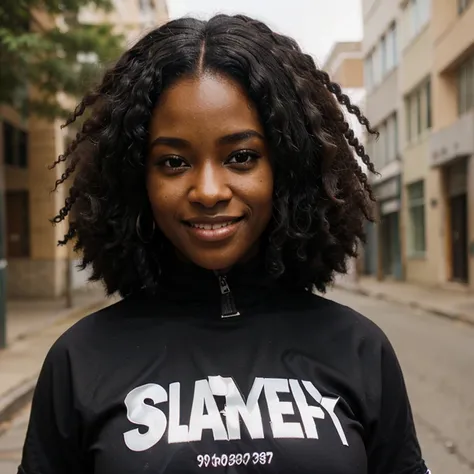 African black woman, very dark ebony skin, long kinky frizzy hair, Fitness musclular body, smile, street wear , close-up portrait, street Block , from face 