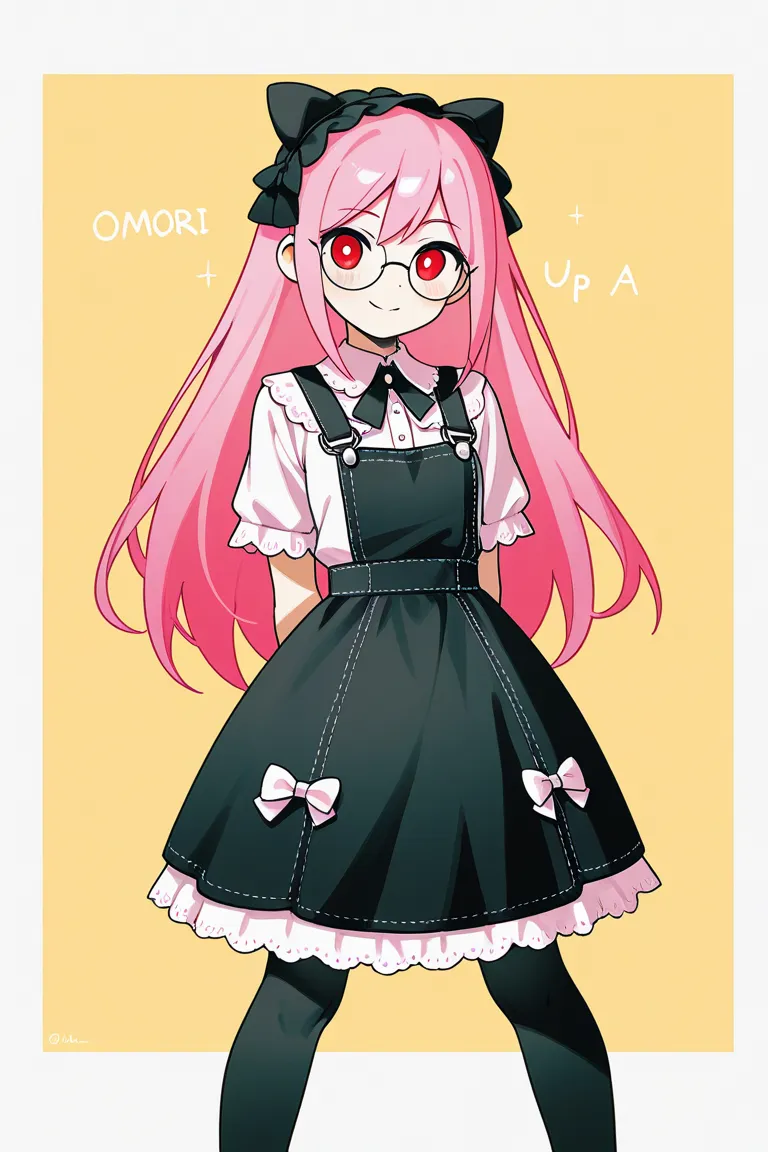 A girl in gothic clothes, with round glasses ,long pink hair,In the line of Omori, ON A YELLOW BACKGROUND 