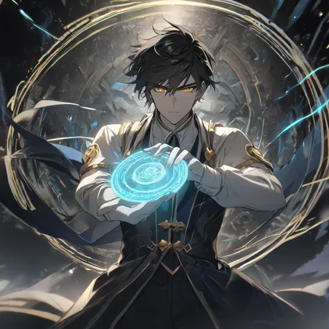 1 male, 25 years old, white skin, golden eyes, black hair, white streak of hair, floating on the void, completely dark, holding a blue glowing magic circle, magic energy around him 