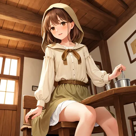 Mirien, a young woman with delicate features, undresses while leaning on the edge of a simple wooden chair in a room in the middle of a medieval wooden house.

She has beautiful brown eyes and medium-length, straight brown hair with slanted bangs framing h...