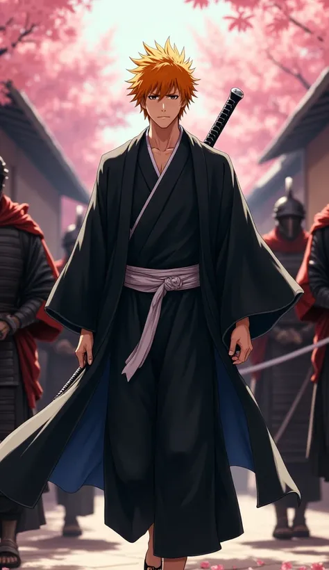 "A hyper-realistic depiction of Ichigo Kurosaki as a real human, with messy orange hair, sharp brown eyes, and subtle facial scars. He wears a black kimono-style robe with white trims, a long coat flowing as he walks, and a massive sword strapped to his ba...