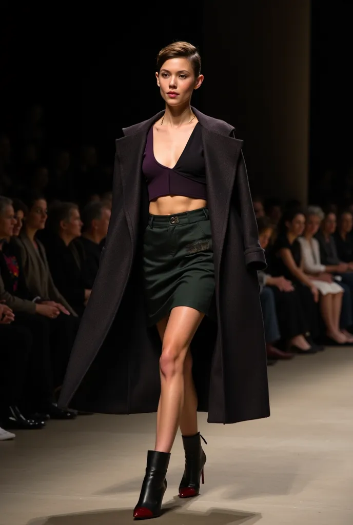 

 a woman walking down a runway wearing a dark green skirt and a coat, inspired by PRADA, colorful asymmetrical shirt with PURPLE jacket, f / 2 0, multilayered outfit, pale skin, multiple textures, high quality skin textures, high quality skin textures, e...