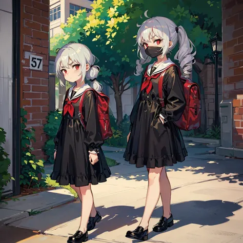 Young girl with grey hair, ((fringed and curly hair)),((curly short twintail)), curly hair ,(red eyes),, ((small bushy eyebrows)), wearing gothic lolita clothing, lolicon , to school, bored eyes, bored face , walking to school, , showing pussy