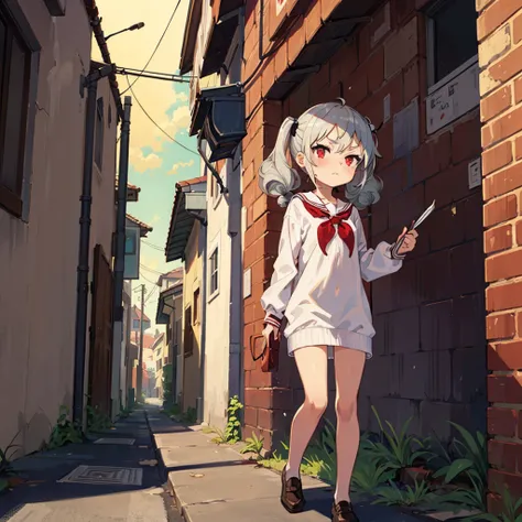 Young girl with grey hair, ((fringed and curly hair)),((curly short twintail)), curly hair ,(red eyes),, ((small bushy eyebrows)), naked, lolicon , to school, bored eyes, bored face , walking to school,  in a dirty alley,,