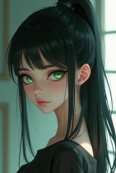 Make an image of an anime woman with black hair tied up (ponytail),  green eyes and fair skin