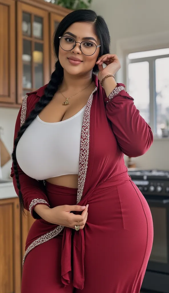 woman with thick curvy mom body physique thick thighs, big waist, woman is wearing a round spectacles, woman with black long single plaited hair, woman with small black dot bindhi and red sindoor near her hairline, woman looking at camera, perfect mid rang...