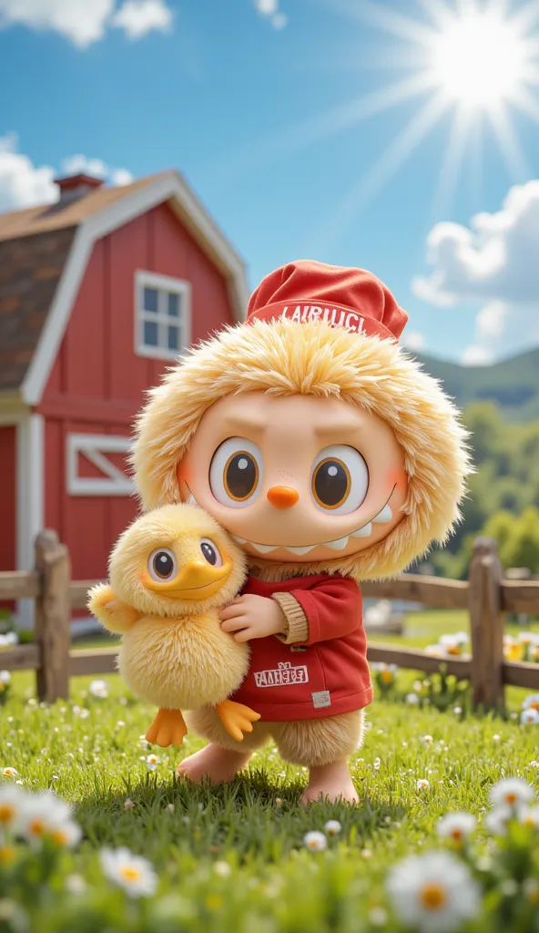 Labubu, a small furry creature with big round eyes, wearing a red chef hat and a "MADECI" shirt, hugging a fluffy yellow chick with a joyful expression. The chick looks happy, flapping its tiny wings. The farm background has a red barn, wooden fences, and ...