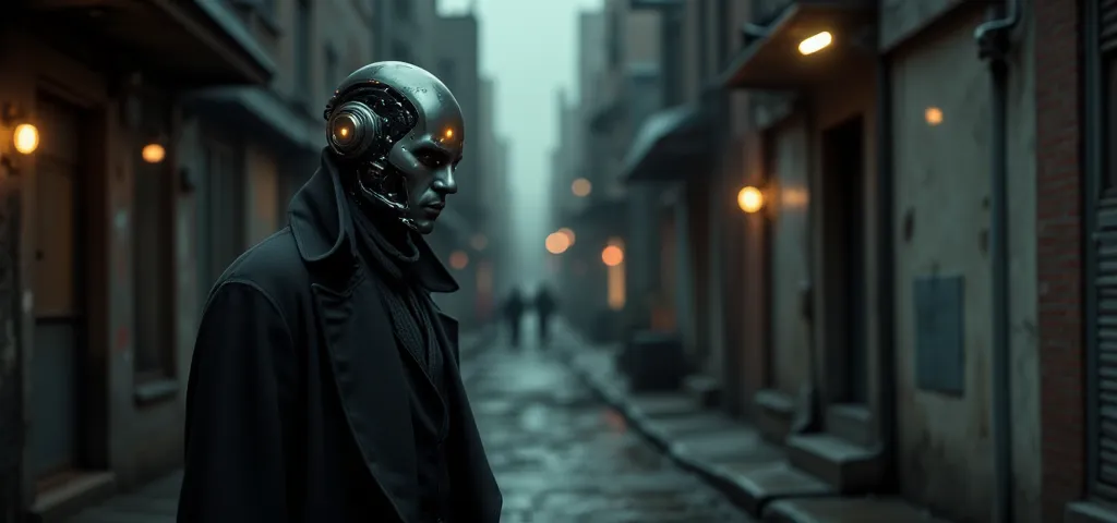 "Futuristic timekeeper with a cybernetic body and a human face with skin, resembling Guy Pearce. He wears a long, dark trench coat to blend into the past, standing in a dimly lit alleyway of 1960s America. His mechanical hands are partially visible beneath...