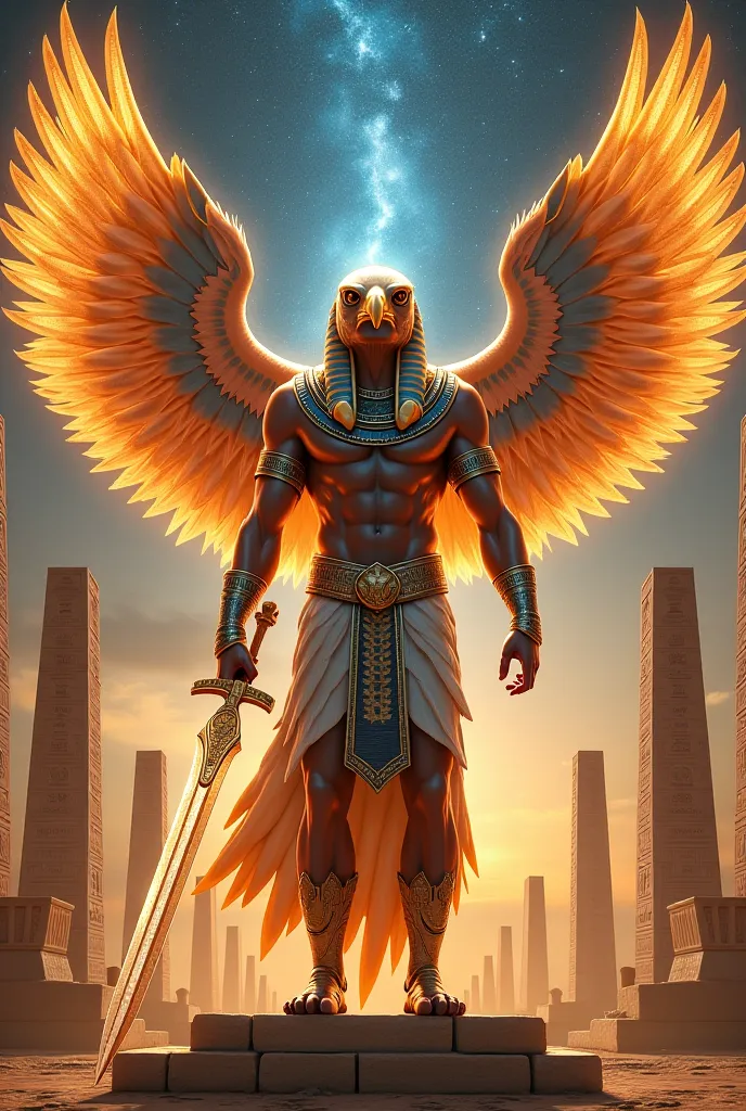 Strong man eagle Egyptian god and angel with sword 