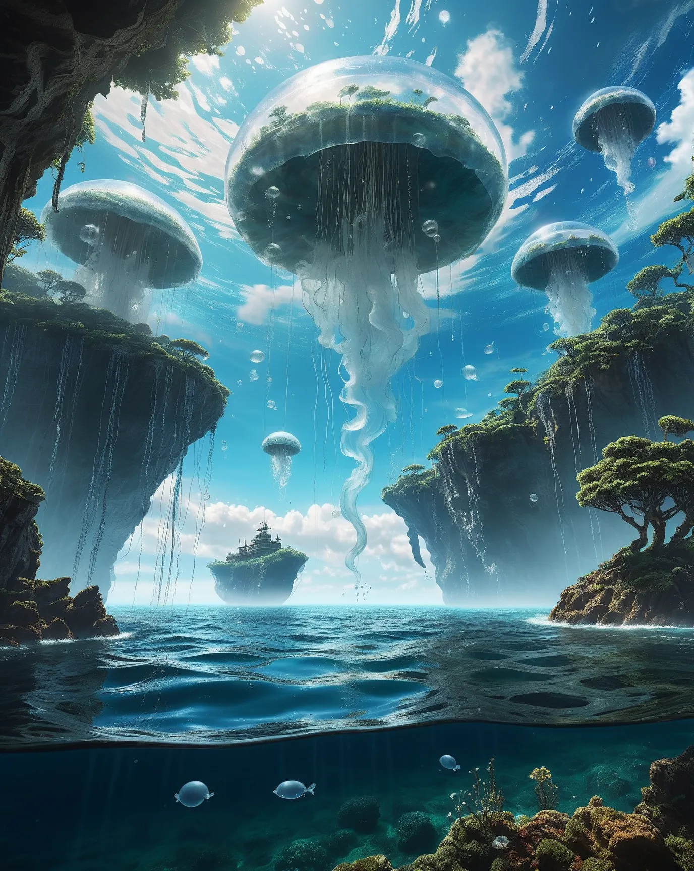 A surreal landscape: an endless ocean made of drifting, weightless clouds, each holding echoes of forgotten skies. Floating islands composed of shattered remnants from lost worlds, suspended mid-air. Trees with translucent leaves whispering to the wind, th...