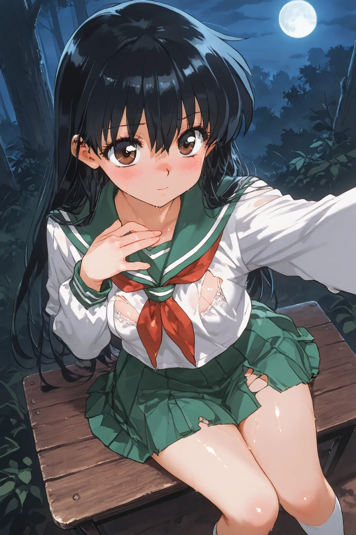  1girl, girl, female focus,  (kagome higurashi, long hair, black hair, retro artstyle, brown eyes, ),(skirt, shirt, long sleeves, school uniform, white shirt, pleated skirt, serafuku, sailor collar, neckerchief, green skirt, red neckerchief, ),selfie, Jito...