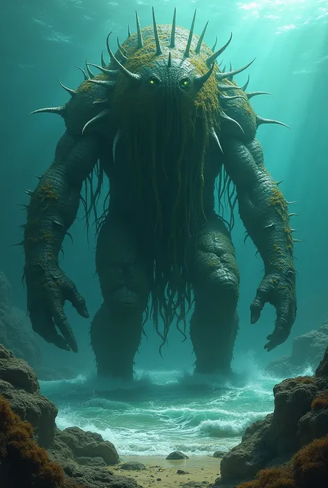 Thalassos is a gigantic creature, created by the sea itself. His body is a fusion of living flesh and ocean spontaneous and. His skin resembles rough, cracked rock, sometimes covered with algae and corals, and his muscles seem to be woven from whirlpools a...