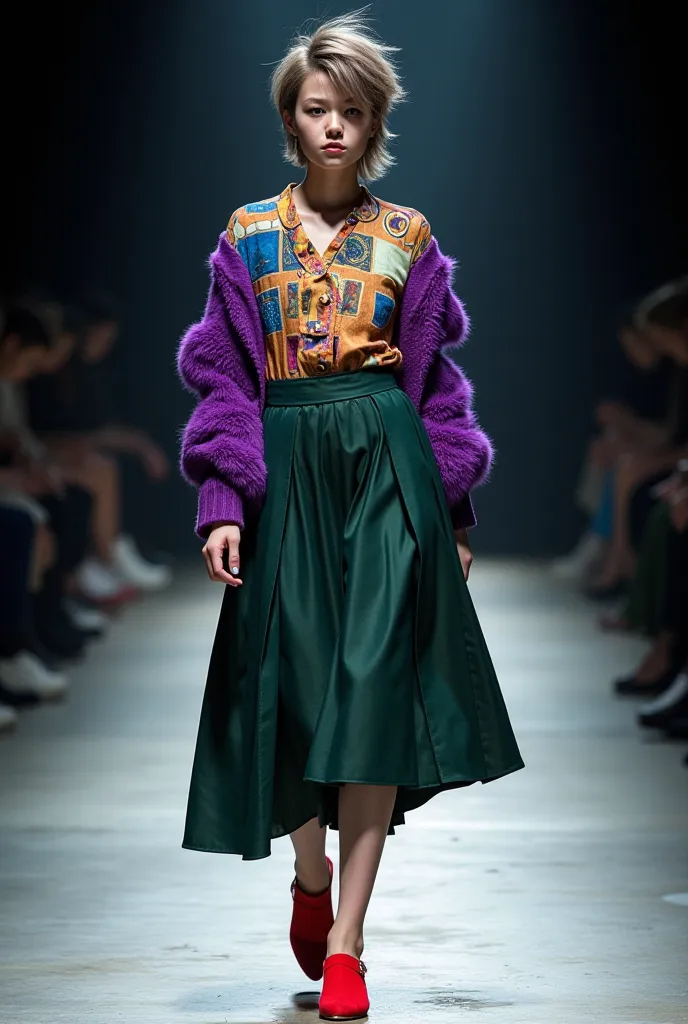 

 a woman walking down a runway wearing a dark green skirt and a coat, inspired by PRADA, colorful asymmetrical shirt with PURPLE jacket, f / 2 0, multilayered outfit, pale skin, multiple textures, high quality skin textures, high quality skin textures, e...