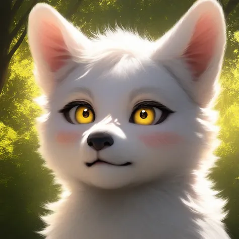 (very aesthetic,  newest , The best quality, masterpiece) puppy, Alone,  hairy, leonardo, white fur, Yellow eyes, forest.