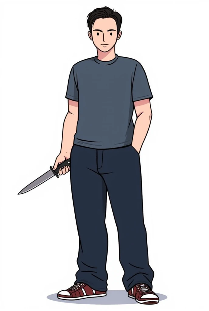 : "A 2D drawing of a man standing with a knife in his hand, full-body portrait. He has a determined expression, with his posture confident and holding the knife in front of him in a defensive stance. He is wearing casual clothes, including dark jeans and a...