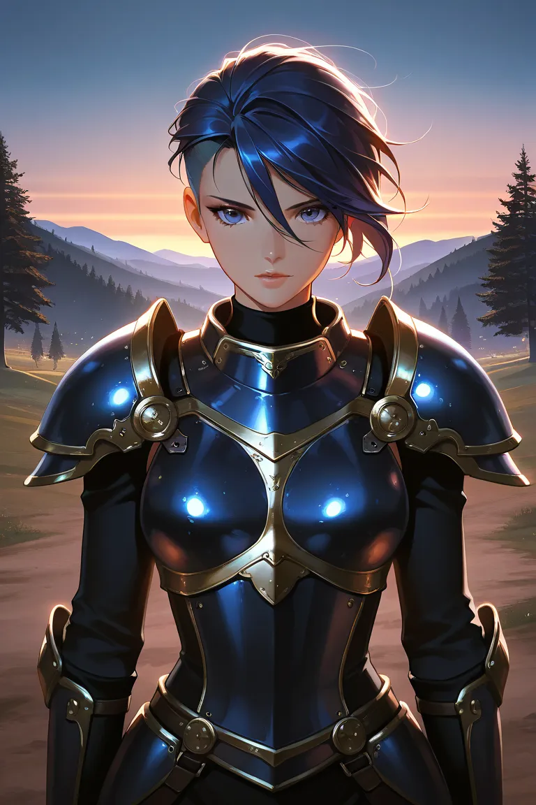 beautiful eyes in every detail, cinematic, 1 soldier woman, hair between eyes, darkblue hair, so long messy hair, undercut, elegance, sexy woman, beautiful, (fantastic armor),solo, glare at viewer, nighttime, shadows, noir, cinematic atmosphere, (hill, tre...