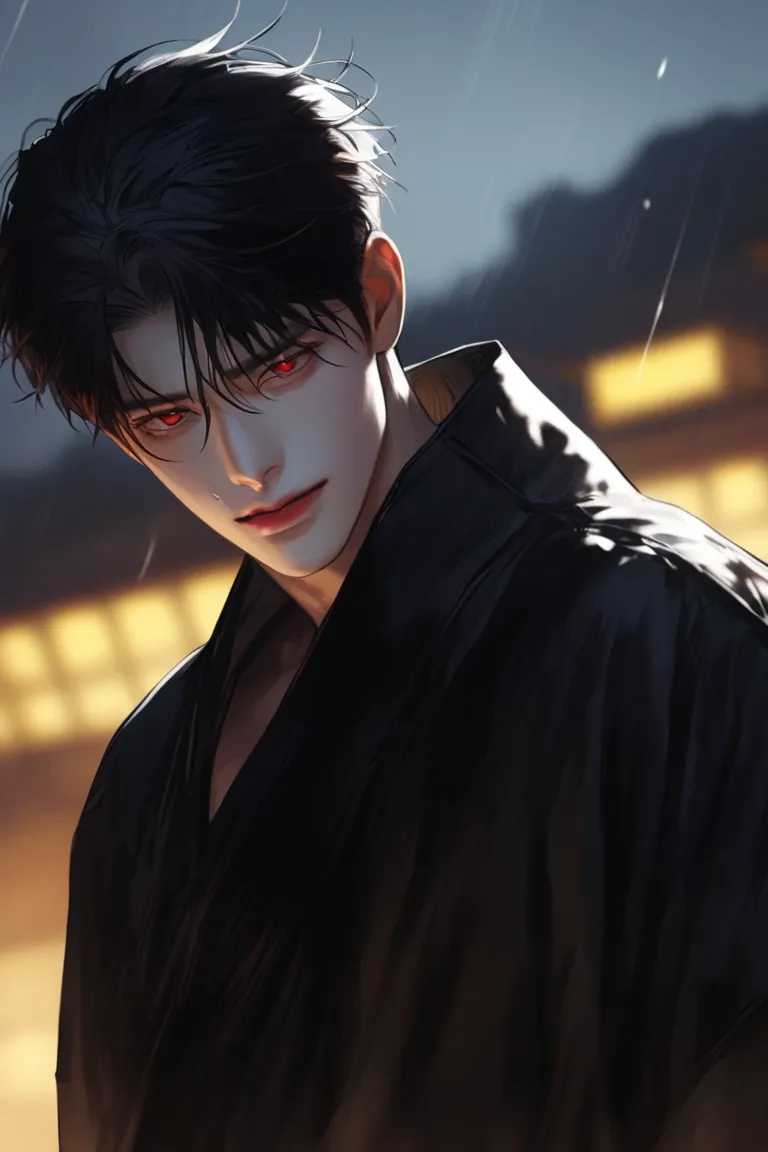 bad，  black hair카락， Desolate Atmosphere，   Korean Comic Style   ，  depressing， young, good condition ，  very handsome  脸瓜子脸， wet hairstyle   ， Japanese male, black hair, Attractive red eyes   ，   very handsome  ,   Enquiry,  with raised eyes ,  in the lyri...