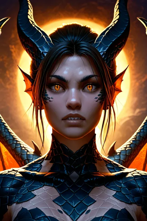 female human with dragon wings and scales, detailed portrait, beautiful woman with dragon-like features, piercing eyes, sharp facial features, scaly skin, large dragon wings emerging from back, dramatic pose, fantasy character, dark and moody atmosphere, d...