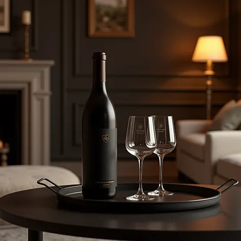 ,create an elegant dark wine bottle and 2 glasses on the tray,Luxurious living room background 