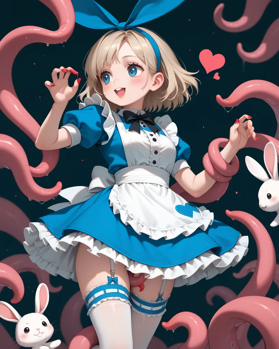 chibi anime , Alice in Wonderland , petit girl , round face , frill skirt , garter belt , moist , heart is beating fast , stuffed rabbit , Rodents , bold pose , out of frame , looking away
, paint on crotch , groin , paint on labia major , Tentacles