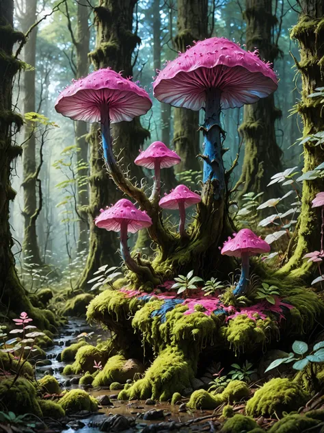 a thick forest canopy overlooks the moss and leaf covered ground, a blue mushroom with ((glowing pink vein structures)) is walking through the forest on thick sinewy legs, wide shoulders and thick arms ending in ((three-fingered hands)), wild roots sprout ...