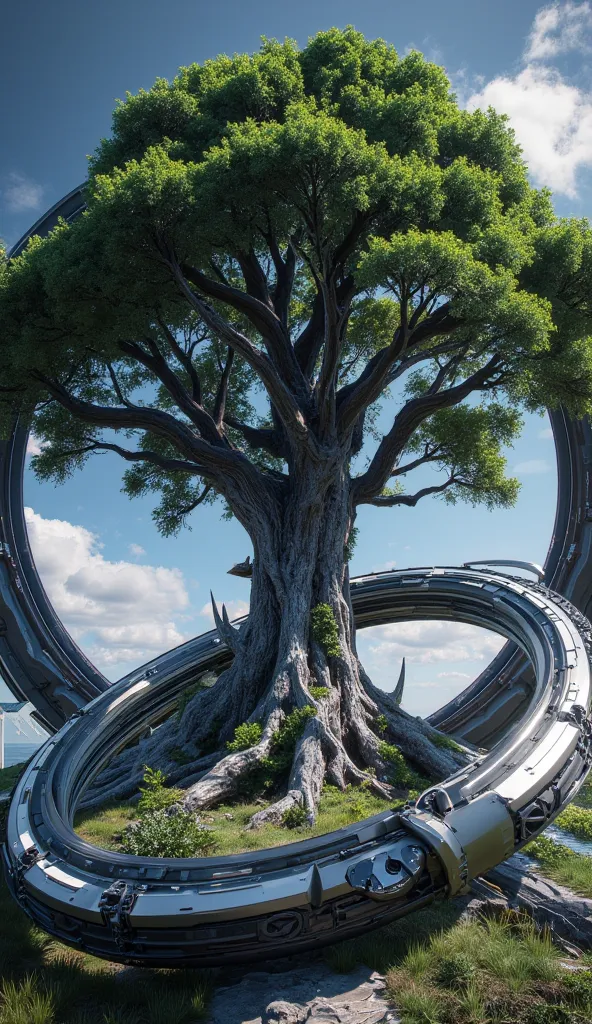 a large tree,a sleek modern circular ring structure,futuristic setting,central focus on the tree,the ring structure surrounds the tree,the ring is made of metal,highly detailed,8K,photorealistic,cinematic lighting,dramatic atmosphere,intricate textures,vib...