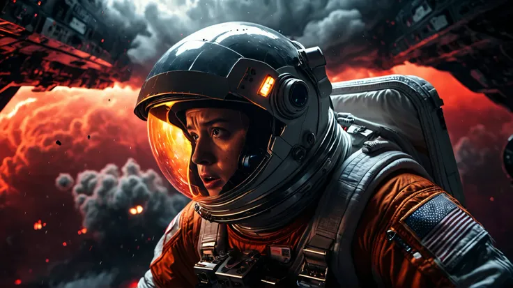 a detailed science fiction horror scene, a terrified astronaut floating in a damaged spaceship, ominous dark clouds and glowing red lights, extreme danger and dread, 8k, ultra realistic, cinematic lighting, dramatic atmosphere, digital art, concept art