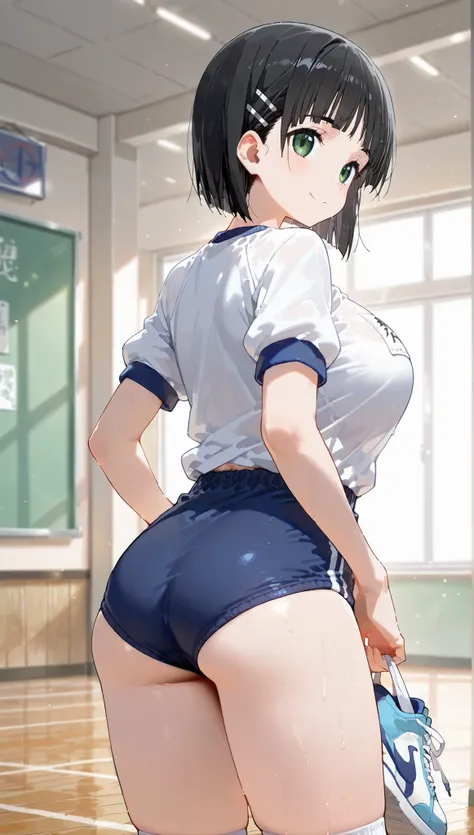 1girl,

Suguha Kirigaya (character), 1girl, black hair, short hair, green eyes, large breasts ,white gym shirt, short sleeves,blue buruma, socks, sneakers,

 back shot,body,cowboy shot,from behind,lookingviewer,

happy smile,

 (extremely detailed CG,maste...