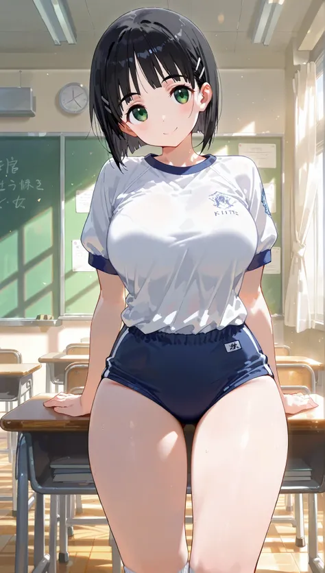  1girl ,

suguha kirigaya  (character),  1girl , black hair, short hair, green eyes, large breasts ,white gym shirt, short sleeves,( blue kite), socks,Thighs,beauty, glossy lips, Red, 

upper body,from front,classroom,

happy smile,head tilt,standing,

 (e...