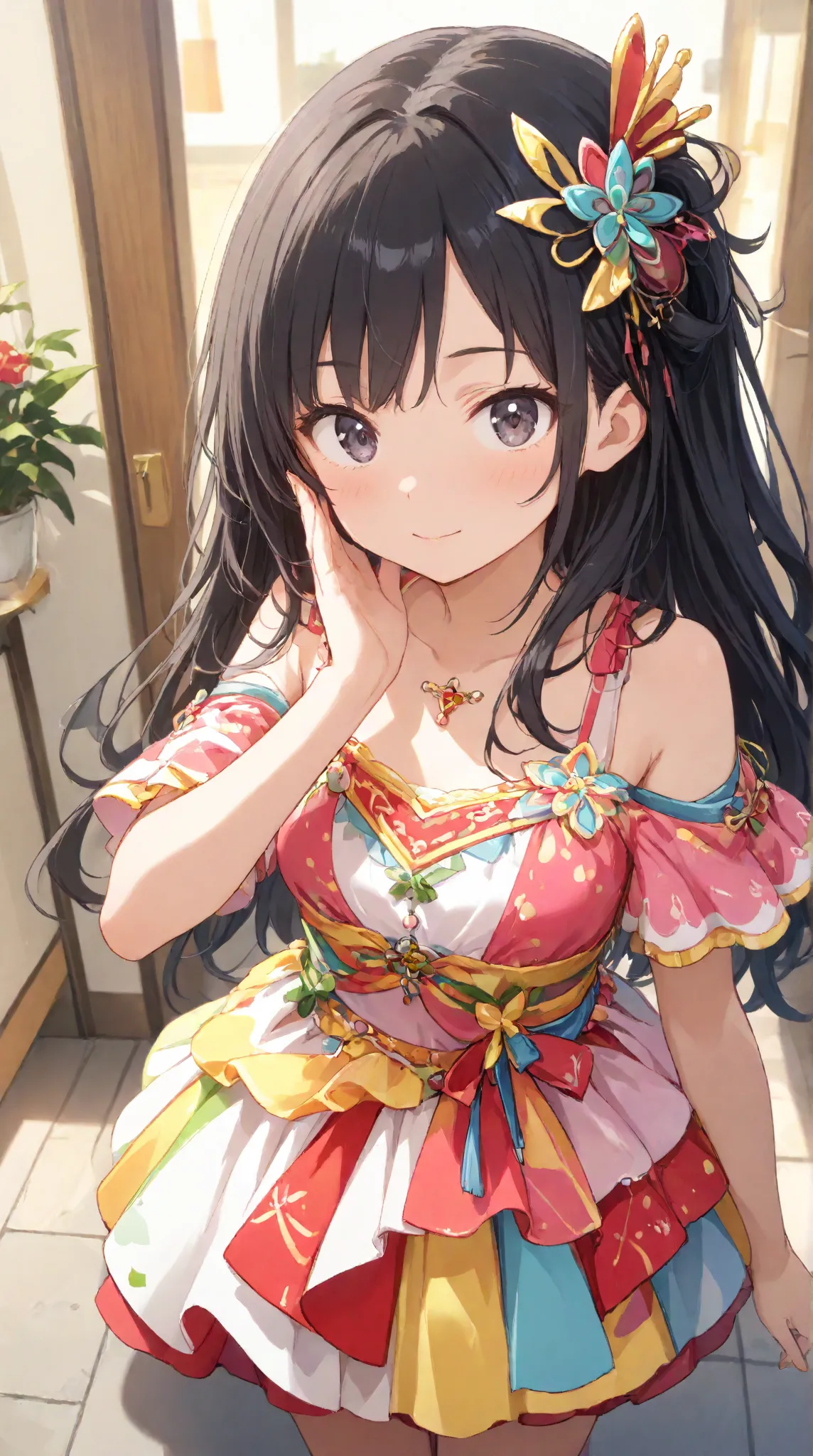 masterpiece,large breasts, long hair, (Black Hair 1.5) , bangs, （1 girl 1.5）,big eyes, Hair Ornaments , 18 years old、Bust Focus、viewer，full body，,,cheerful,party
、layered dress