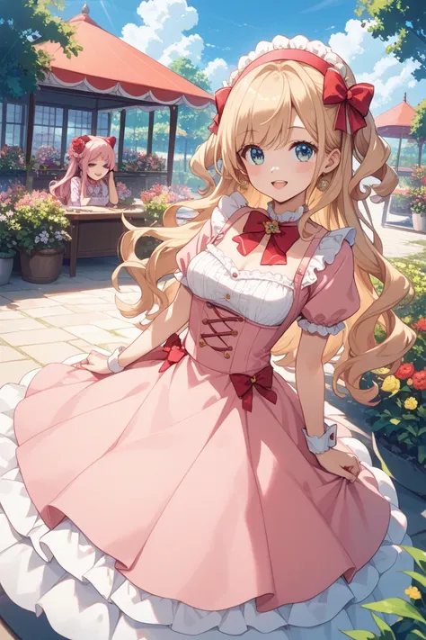 aName : Milia Charlotte 
Illustration style: fantastic and cute anime style 
main color: pink 
Accent color:  red（ribbons）  
Race and Gender: Magical Girls/Women 
age:  
Hairstyle and Hair Color: loose fluffy long hair, pink 
Clothes: フリフ付きミニスカートと赤いribbons...