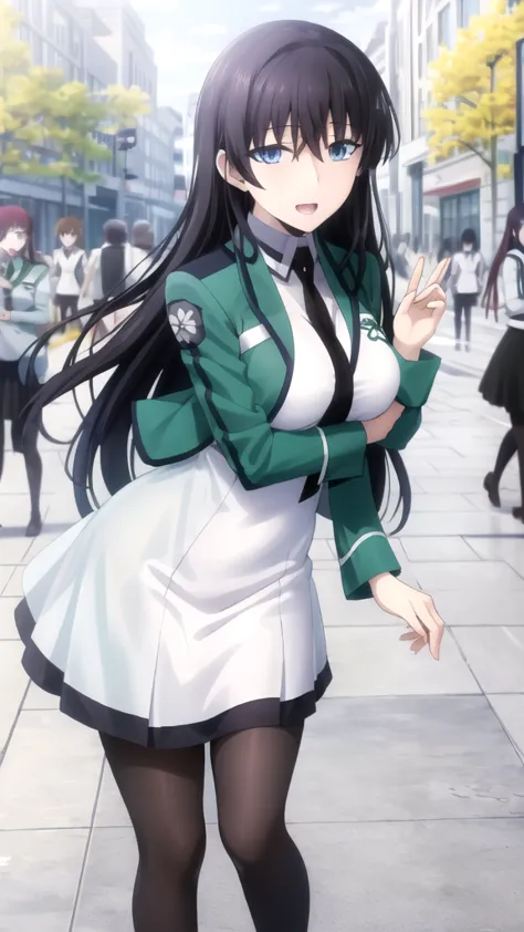 Masterpieces, Best Quality, girl, looking at viewer, Tatsuya Shiba, Black hair, blue eyes, large breasts, school uniform, magic_high_school_uniform,green jacket,white dress,black necktie, standing, smile, open mouth, outdoors