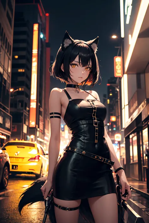 solo, ((From front)), Neko Female, ((wolf cut black hair, Black cat ears))), long Wolf Cut black hair, (yellow and purple Ombre eyes), Black and white dress like Yor, wearing Chocker, wielding Scythe, Street background, Neon Lights, Cars and motorbikes in ...