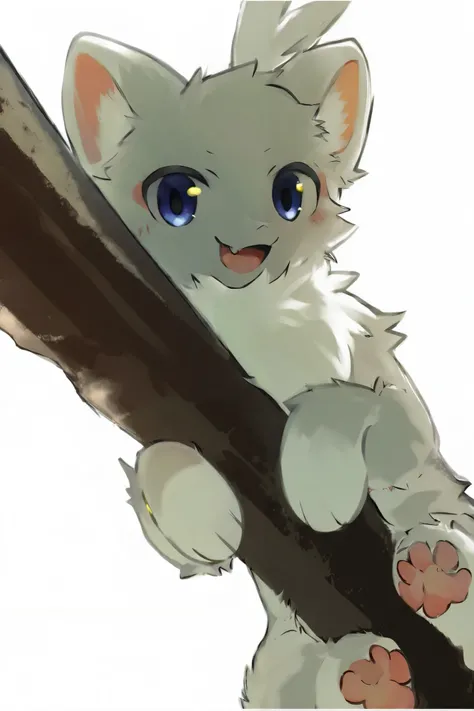 A small anthropomorphic albino puppy with a slender appearance, a height 140 cm, a hair is white,  yellow eyes . A unique beauty and tenderness, with mostly feminine features and pure white fur. With features of a small .