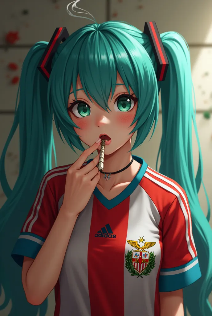 Makes Hatsune Miku with a Paraguayan national team shirt smoking a joint