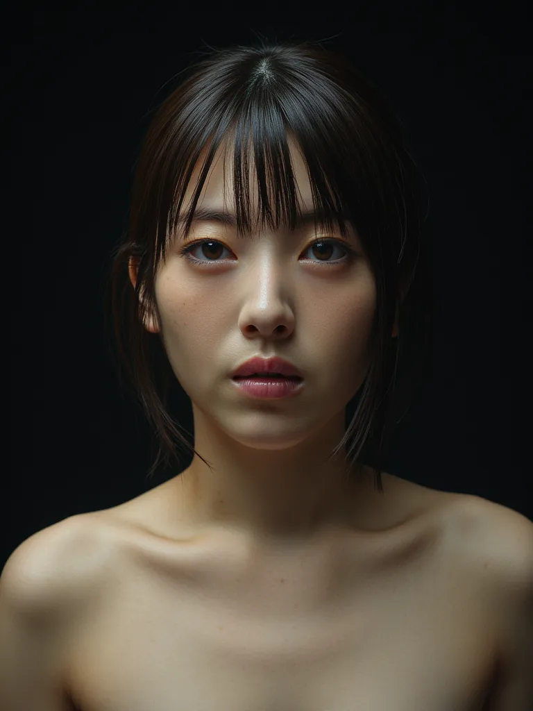 The image is、is a portrait of a young woman named Hamabe with half-long dark brown hair and bangs。. she's completely naked。.  The woman is staring at the camera , my whole body is shown。I'm vomiting。