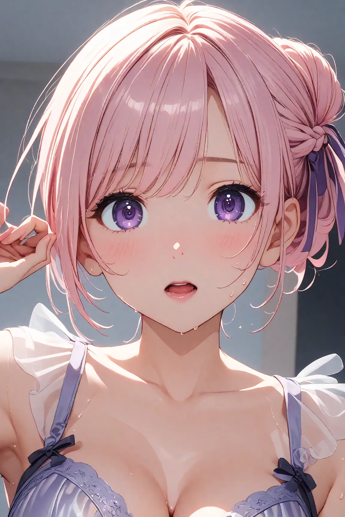 dorothyrnd, pink hair, long hair, hair bun, braid, purple eyes, large breasts ,wet 、 juice 、dynamic、（ viewed from directly below:1.5)、（  Gloomy Eyes:1.3）,saliva、   open your mouth 、( masterpiece:1.3),    dynamic Poses、 shiny skin,  delicate depiction,The f...