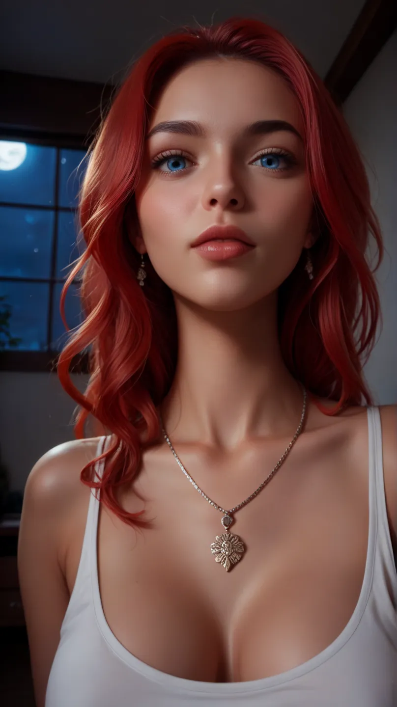  pretty woman, ((((attractive)))), (( view from below)),((arrogant look)), ((((shoulder-length red hair+++)))), ((blue eyes)), ((looking at the viewer from above)),  bottom view ((jewelry and necklace)), (((In an art studio at night))), (((frontal portrait...