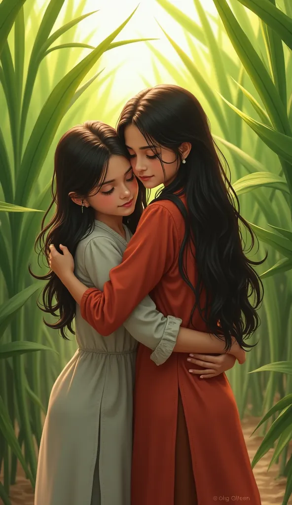 Two Pakistani desi village girls hug in sugarcane plants girls age is 18 year's old one girl standing behind hug from behind