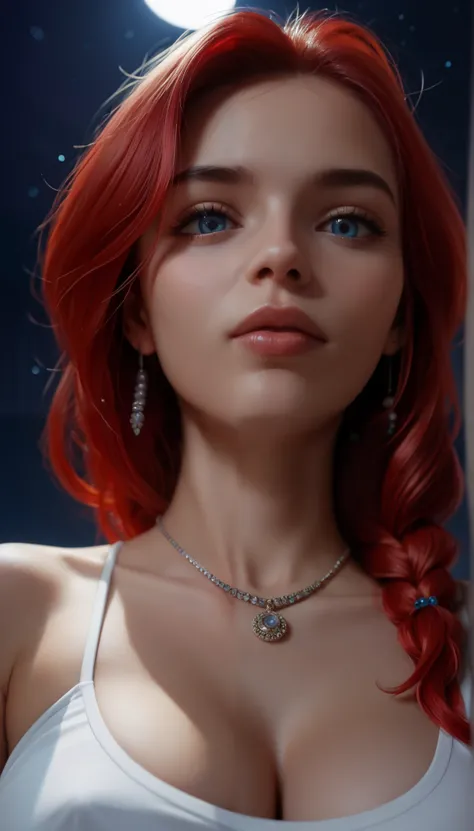  pretty woman, ((((attractive)))), (( view from below)),((arrogant look)), ((((shoulder-length red hair+++)))), ((blue eyes)), ((looking at the viewer from above)),  bottom view ((jewelry and necklace)), (((In an art studio at night))), (((frontal portrait...