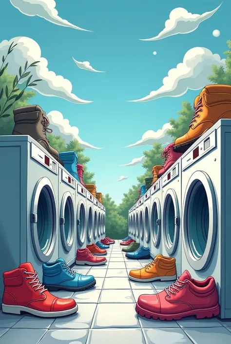 create an advertisement for a LAUNDRY with cartoons but realistic showing what the following information says:Welcome to CLEAN MAGIC!
! Special Promotion!
Bring 2 pairs of shoes and get 1 for free!

From March 3 to March 8.

Don't miss this incredible prom...