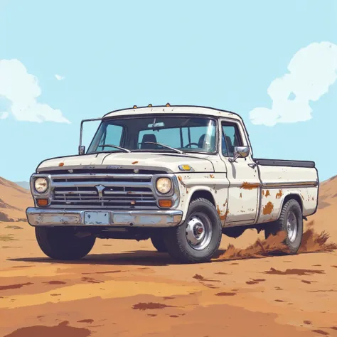 Pure vector illustration, Ford F100 truck, geometric simplified forms, flat color palette, minimalist Argentine pampa landscape, sharp-edged mud splashes, geometric movement lines, reduced color scheme, flat design style, angular truck representation, simp...