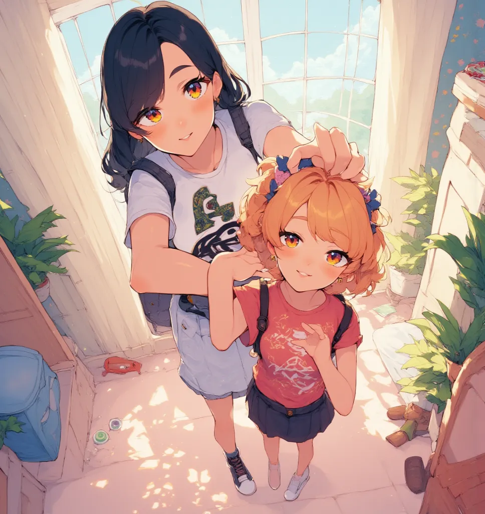 2 sisters, full portrait, anime style, getting ready for school 