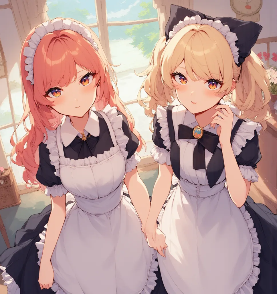 2 sisters, full portrait, anime style, getting ready for school, maid outfit