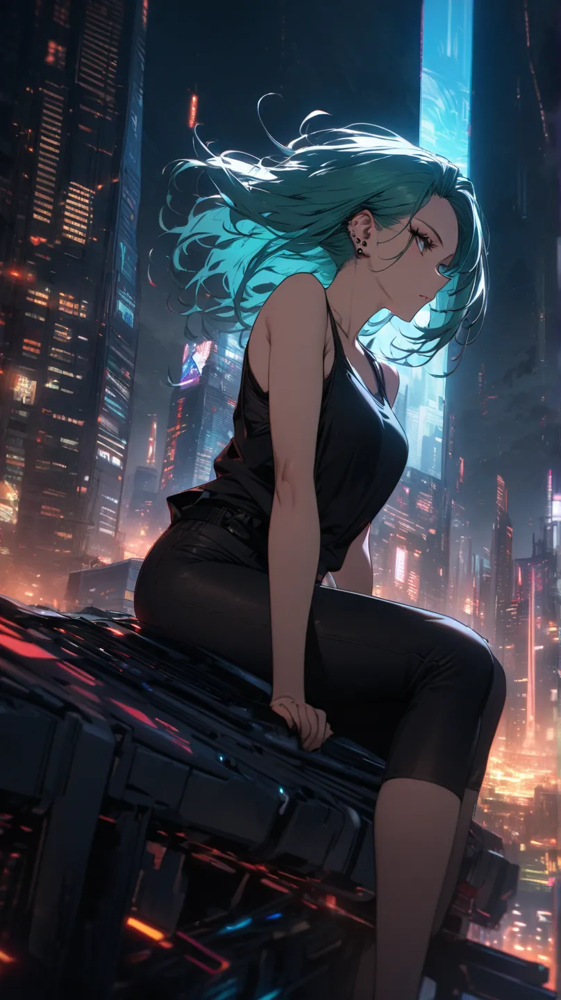 Best quality,  super fine, 16k, Incredibly absurd, extremely detailed,  beautiful woman,  sitting on a trapezoid,  that hangs between two skyscrapers,  looking into the distance , is wearing a black tank top,  short turquoise hair, sidecut frisur, piercing...