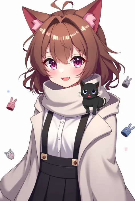 age map, medium wavy medium-brown hair with red tufts, pink eyes with purple and blue, with a wide coat around her neck and you can see her blouse with black straps while the coat is white with an image of a black kitten, anime style,cheerful expression an...