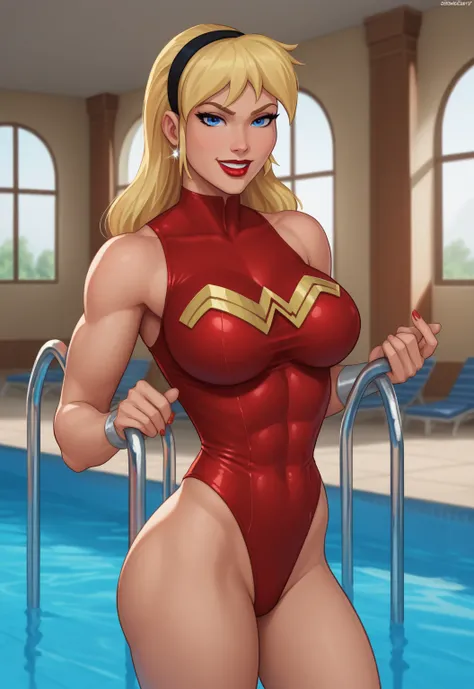 safe_pos, PonyXLV6_Scores BREAK (((parody style, parody:1.2)), perfect anatomy, cowboy shot) 1girl, blonde hair, blue eyes, ((looking at viewer)), hairband, gold one-piece swimsuit, curvy, athletic, standing, indoors, pool, smile, large breasts, standing, ...